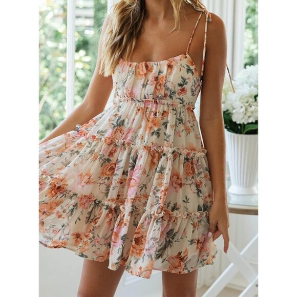 Women's Summer Floral Mini Dress Flowy Dresses Sleeveless Ruffle Dress - Picture 2 of 6